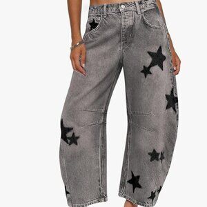 Night Sky Grey/Black Contrasting Stars Baggy Barrel Cut Boyfriend Jeans Pants